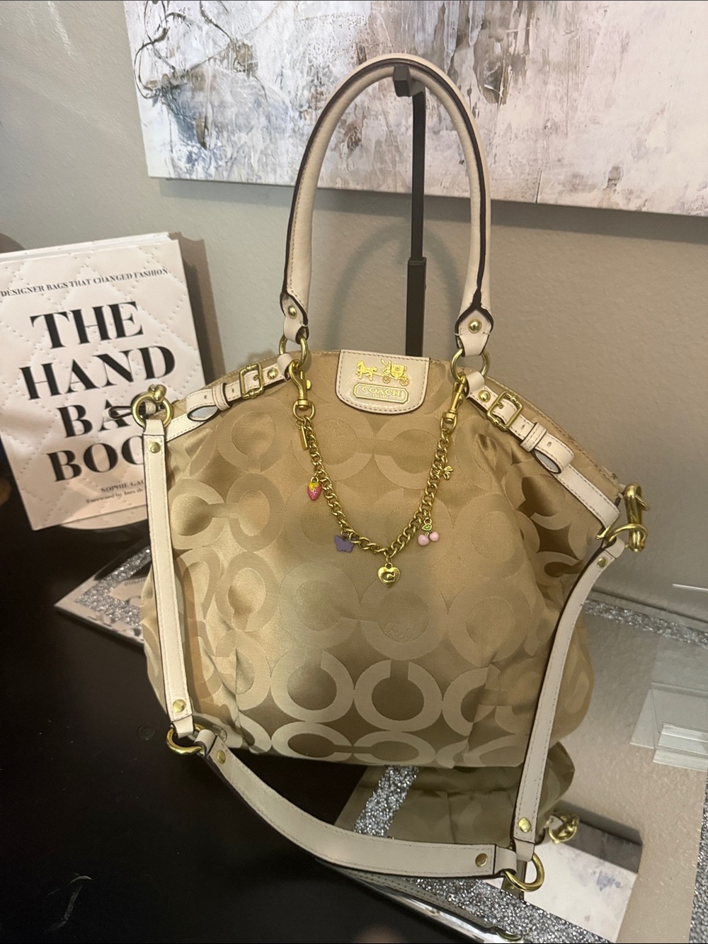 Coach Madison Op Art Tan Signature Shoulder Bag with Gold Hardware